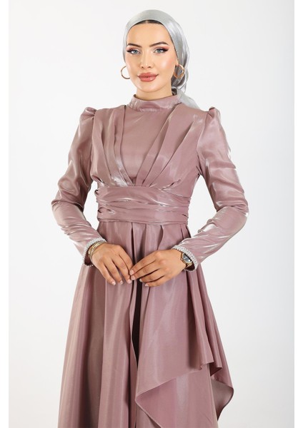 Kol Ağzı Taş İşlemeli Pile ve Volan Detaylı Tafta Saten Tesettür Abiye Elbise GÜL 1215 indirimleri