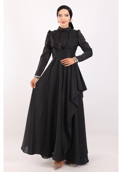 Kol Ağzı Taş İşlemeli Pile ve Volan Detaylı Tafta Saten Tesettür Abiye Elbise SİYAH 1215 modelleri