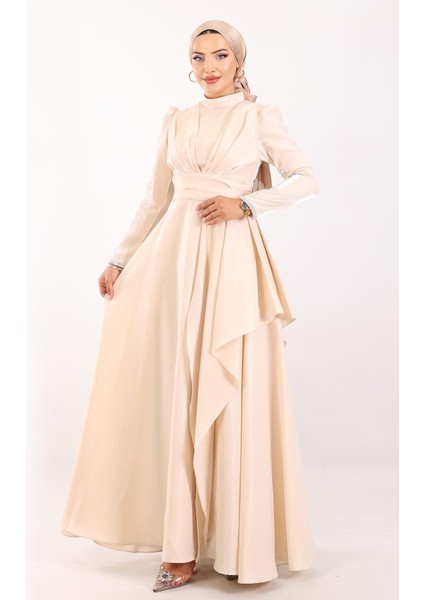 Kol Ağzı Taş İşlemeli Pile ve Volan Detaylı Tafta Saten Tesettür Abiye Elbise KREM 1215 modelleri
