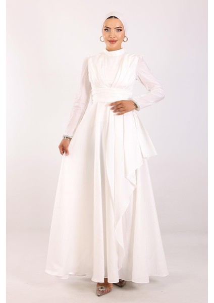 Kol Ağzı Taş İşlemeli Pile ve Volan Detaylı Tafta Saten Tesettür Abiye Elbise BEYAZ 1215