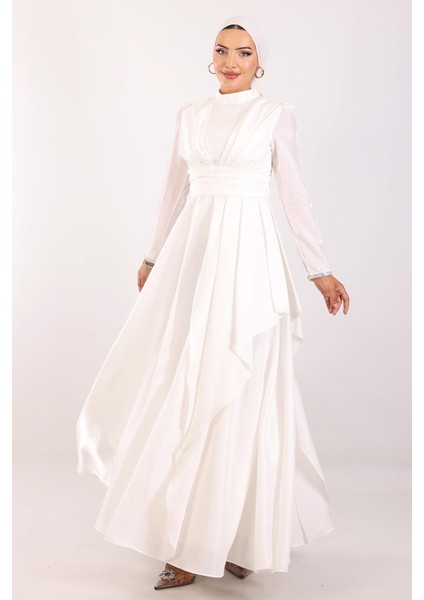 Kol Ağzı Taş İşlemeli Pile ve Volan Detaylı Tafta Saten Tesettür Abiye Elbise BEYAZ 1215 fiyatları