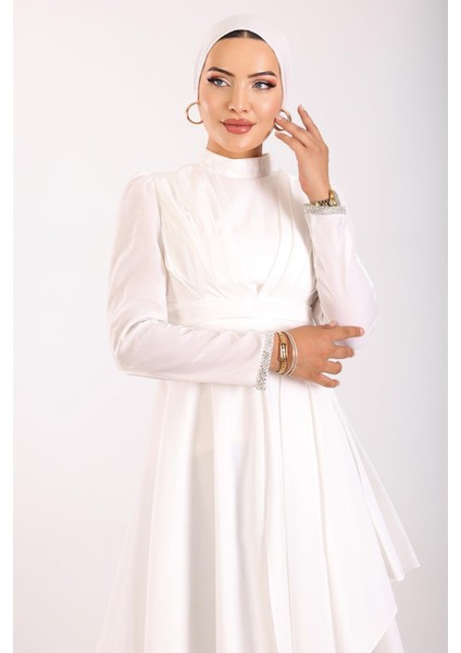 Kol Ağzı Taş İşlemeli Pile ve Volan Detaylı Tafta Saten Tesettür Abiye Elbise BEYAZ 1215 modelleri