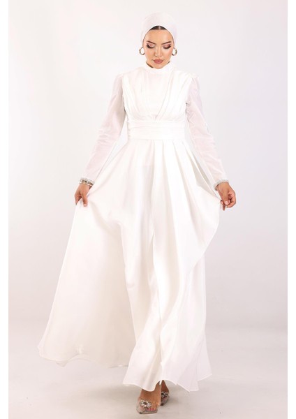Kol Ağzı Taş İşlemeli Pile ve Volan Detaylı Tafta Saten Tesettür Abiye Elbise BEYAZ 1215 fırsatları