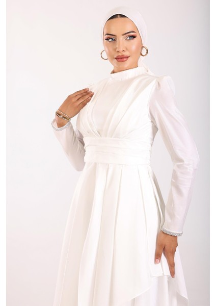 Kol Ağzı Taş İşlemeli Pile ve Volan Detaylı Tafta Saten Tesettür Abiye Elbise BEYAZ 1215 indirimleri
