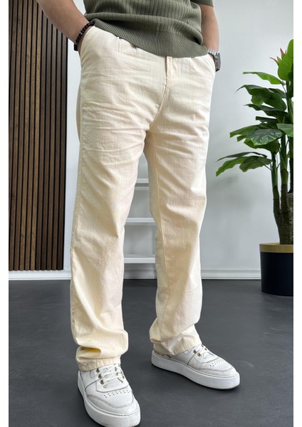 Erkek Rahat Kalıp Keten Pantolon Krem EDW266 modelleri