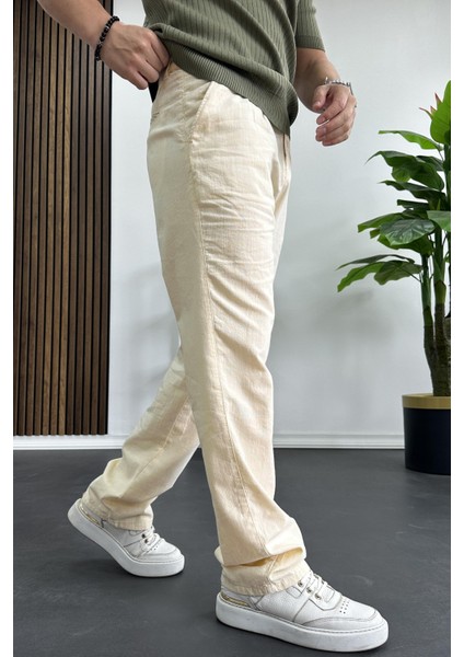 Erkek Rahat Kalıp Keten Pantolon Krem EDW266 fırsatları