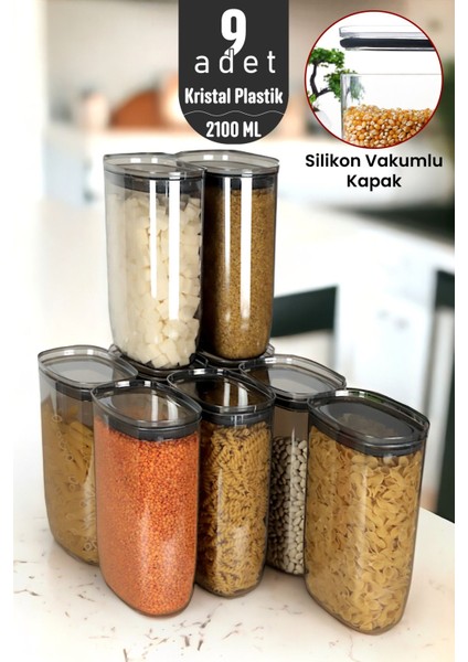 Jumbo Boy 2100 ml Gerçek Vakumlu Silikon Kapaklı Kristal Erzak Bakliyat Saklama Kabı Seti Baharatlık 9 Adet Antrasit
