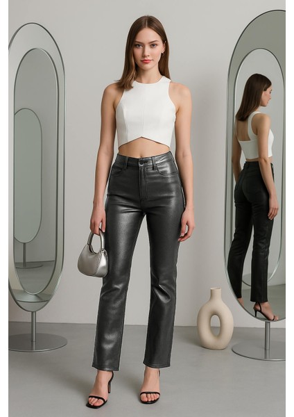 Kadın Yüksek Bel Parlak Mum Kumaş Wide Leg Jean Pantolon