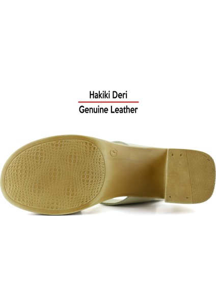 Ofelia Bej Hakiki Dana Derisi Delik Detaylı Tokalı Kalın Topuklu Rahat Günlük Sandalet