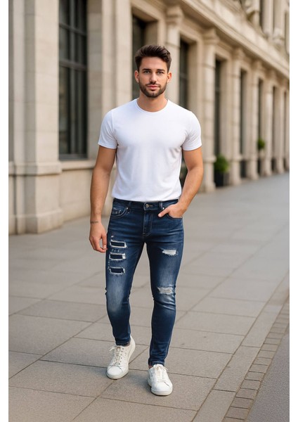 Erkek Skinny Fit Destroy Koyu Mavi