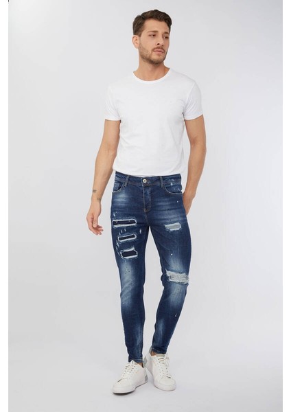 Erkek Skinny Fit Destroy Koyu Mavi fiyatları