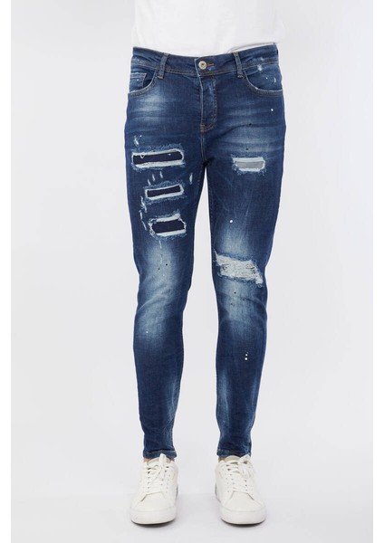 Erkek Skinny Fit Destroy Koyu Mavi modelleri