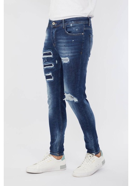Erkek Skinny Fit Destroy Koyu Mavi fırsatları