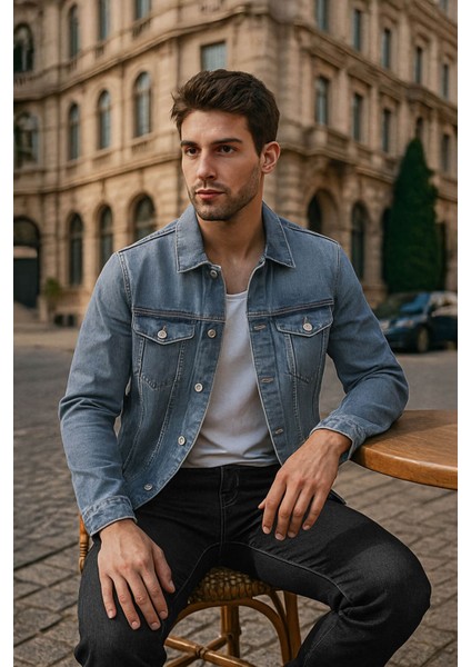 Erkek Likralı Jean Ceket Mavi