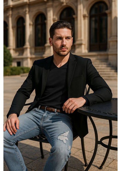 Erkek Dizi Yırtık Regular Fit Jean Pantolon Mavi