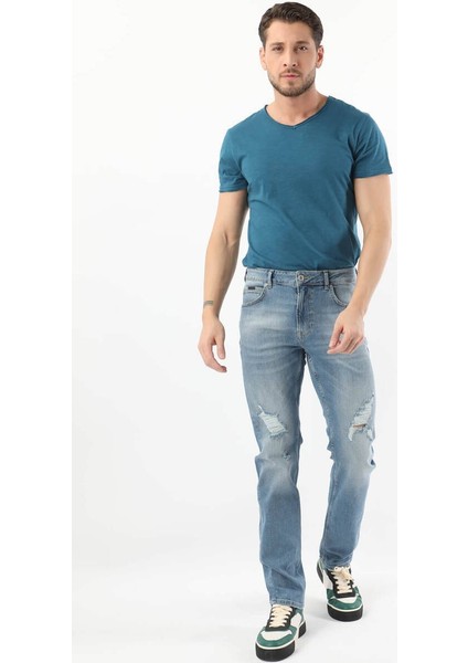 Erkek Dizi Yırtık Regular Fit Jean Pantolon Mavi fiyatları