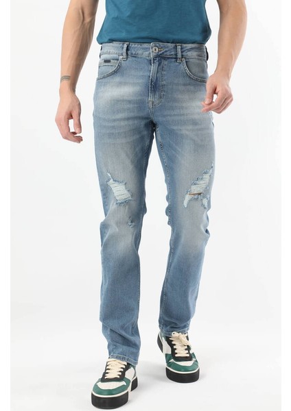 Erkek Dizi Yırtık Regular Fit Jean Pantolon Mavi