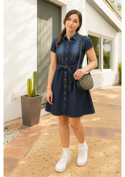 Markapia Kemer Detaylı Düğmeli Jean Elbise Mavi