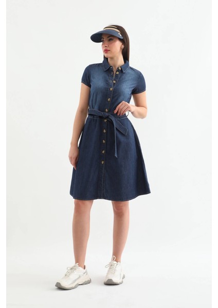 Markapia Kemer Detaylı Düğmeli Jean Elbise Mavi modelleri