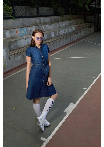 Markapia Kemer Detaylı Düğmeli Jean Elbise Mavi fırsatları