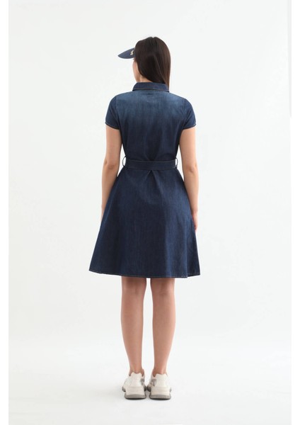 Markapia Kemer Detaylı Düğmeli Jean Elbise Mavi