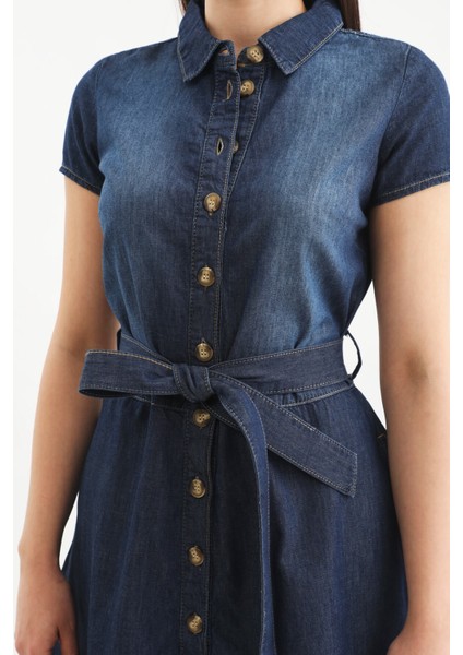 Markapia Kemer Detaylı Düğmeli Jean Elbise Mavi