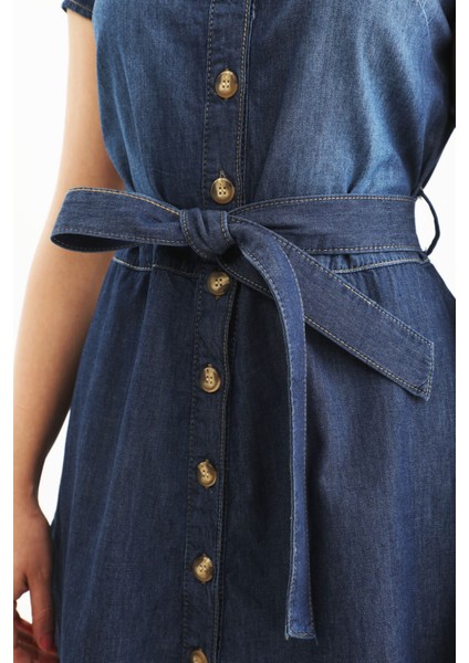 Markapia Kemer Detaylı Düğmeli Jean Elbise Mavi