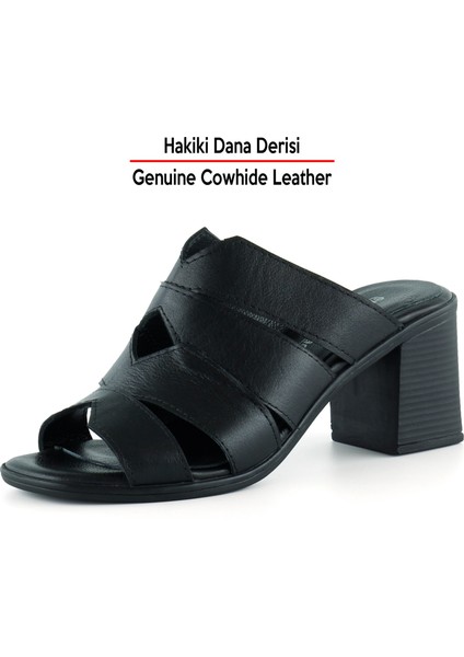 Bianca Siyah Hakiki Dana Derisi Önü Açık Kesik Detaylı Kalın Topuklu Günlük Terlik fırsatları