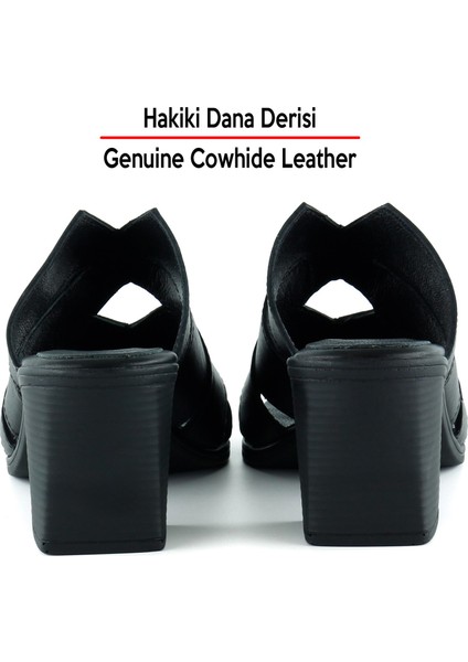 Bianca Siyah Hakiki Dana Derisi Önü Açık Kesik Detaylı Kalın Topuklu Günlük Terlik