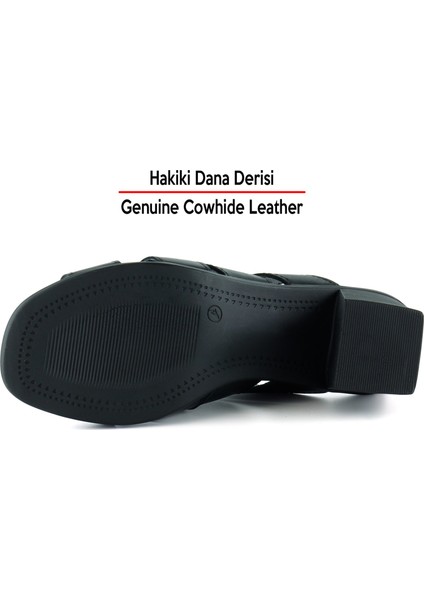 Bianca Siyah Hakiki Dana Derisi Önü Açık Kesik Detaylı Kalın Topuklu Günlük Terlik