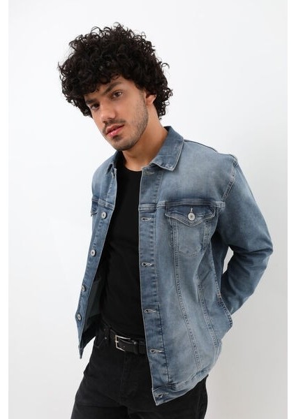 Erkek Likralı Jean Ceket Mavi fırsatları