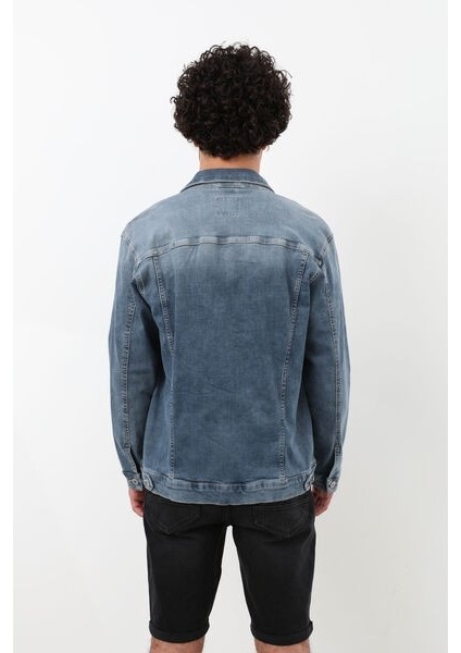 Erkek Likralı Jean Ceket Mavi