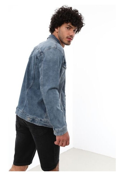 Erkek Likralı Jean Ceket Mavi