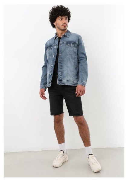 Erkek Likralı Jean Ceket Mavi