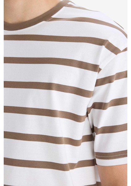 %100 Pamuk Boxy Fit Rahat Kesim Bisiklet Yaka Çizgili Kısa Kollu Tişört E1160AX25AU indirimleri