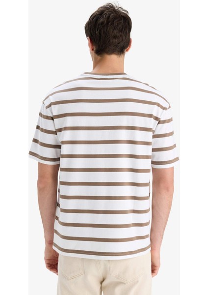 %100 Pamuk Boxy Fit Rahat Kesim Bisiklet Yaka Çizgili Kısa Kollu Tişört E1160AX25AU