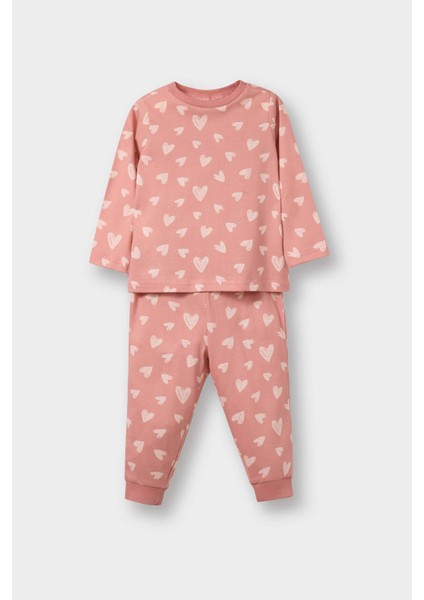 Kız Bebek Pijama Takımı Kalp Desenli Uzun Kollu Penye Üst Uzun Alt E9481A525AU