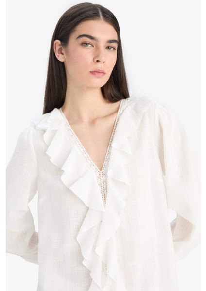 Oversize Geniş Kalıp V Yaka Pamuklu Volanlı Uzun Kollu Bluz F3489AX25SP fırsatları