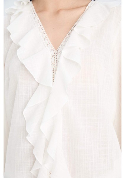 Oversize Geniş Kalıp V Yaka Pamuklu Volanlı Uzun Kollu Bluz F3489AX25SP indirimleri