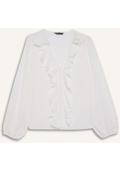 Oversize Geniş Kalıp V Yaka Pamuklu Volanlı Uzun Kollu Bluz F3489AX25SP