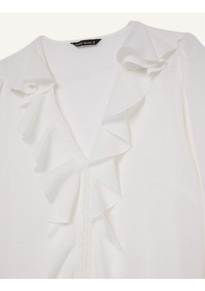 Oversize Geniş Kalıp V Yaka Pamuklu Volanlı Uzun Kollu Bluz F3489AX25SP