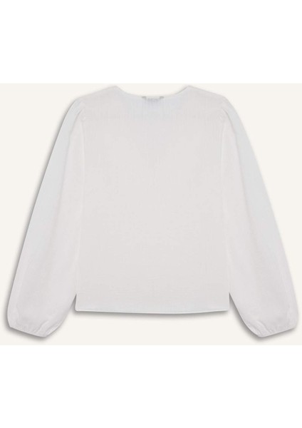Oversize Geniş Kalıp V Yaka Pamuklu Volanlı Uzun Kollu Bluz F3489AX25SP