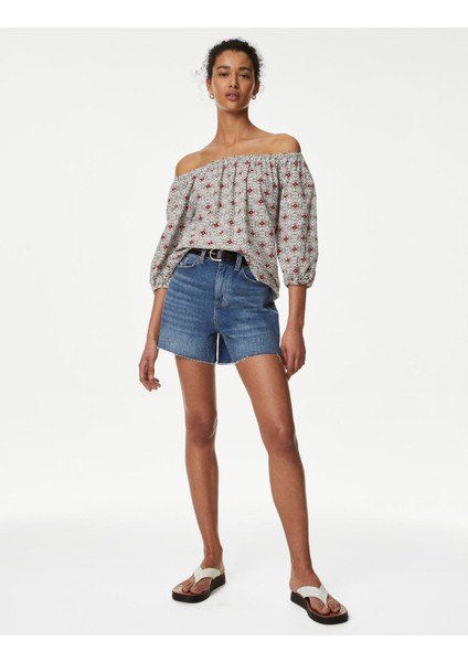 Regular Fit Desenli Keten Bluz