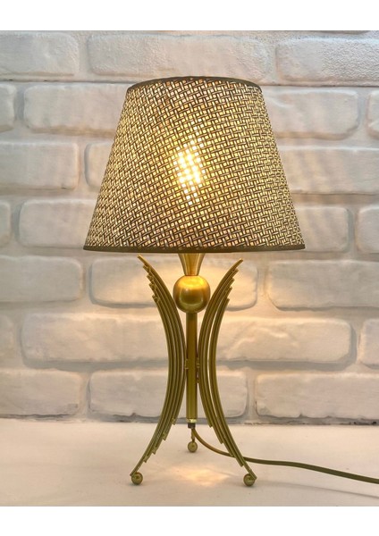 Eskitme Gold Angel Model Metal Ayaklı Rattan Haki Kumaş Şapkalı Abajur