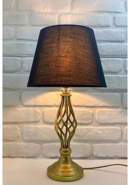 Eskitme Gold Rustik Burgulu Metal Ayaklı Kristal Taşlı Siyah Kumaş Şapkalı Abajur