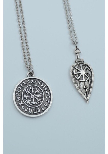 2'li Viking Pusula - Viking Kalkan Gümüş Kaplama Kolye Seti