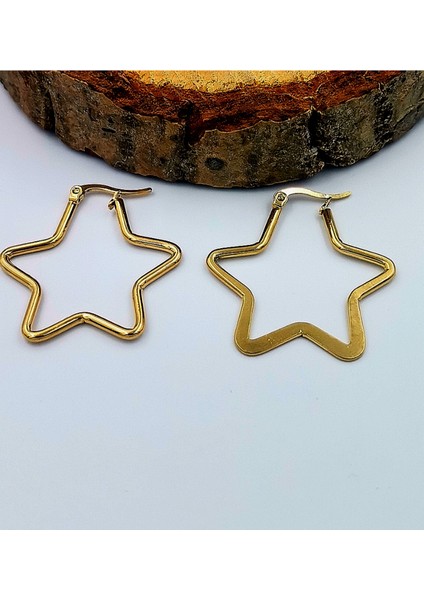 Çelik Gold Renk Yıldız Figürlü Küpe Çap 3,5 cm