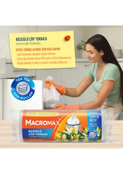 Büzgülü Çöp Torbası Orta Boy (55x60cm) Hanımeli Kokulu 30 Adet Süper Ekonomik Paket fiyatları