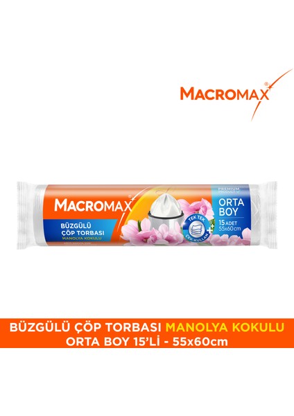 Büzgülü Çöp Torbası Orta Boy (55x60cm) Manolya Kokulu 15 Adet Süper Ekonomik Paket