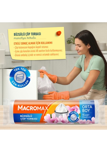 Büzgülü Çöp Torbası Orta Boy (55x60cm) Manolya Kokulu 15 Adet Süper Ekonomik Paket fiyatları